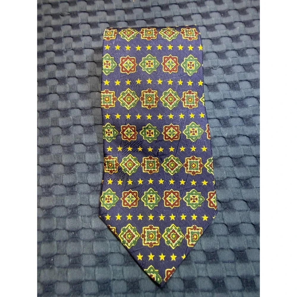 Vintage Tommy Hilfiger 100% Italian Silk Blue Red Made in USA Geometric Pattern
